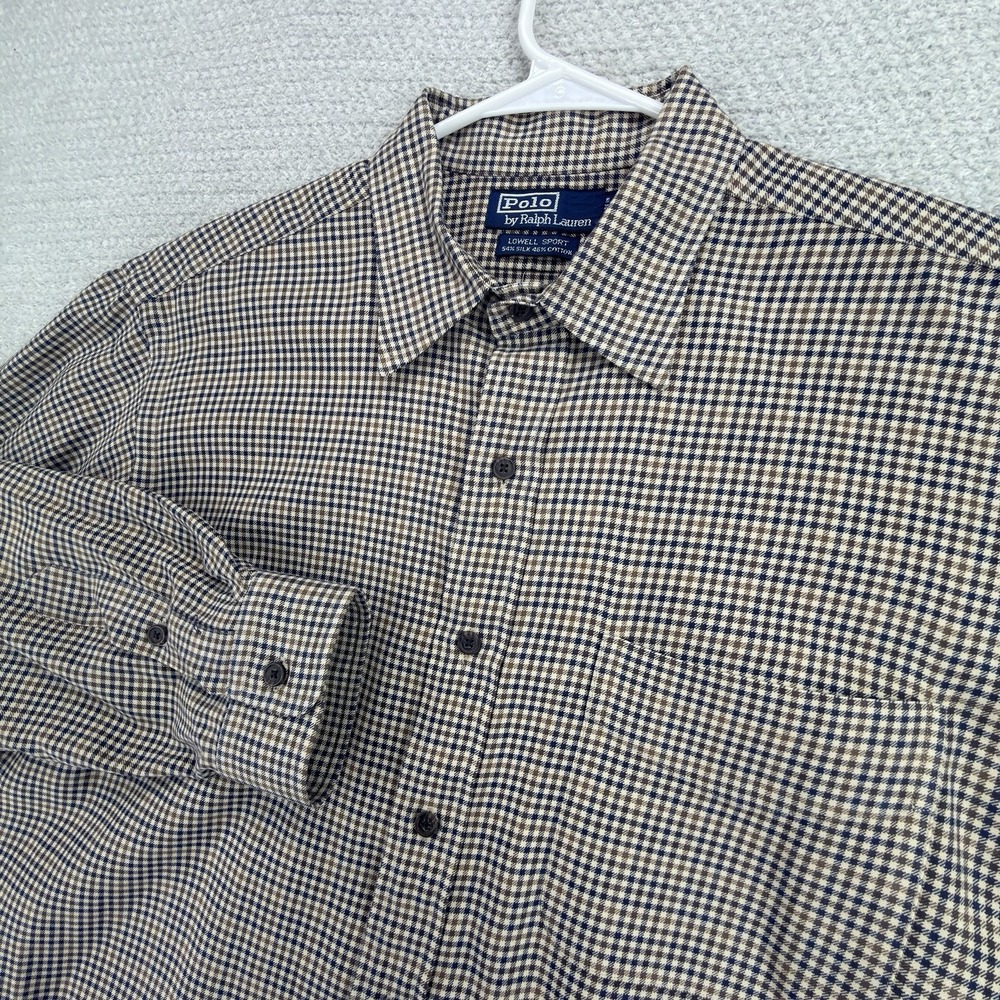 Vintage Polo Ralph Lauren Lowell Sport Shirt L Silk Cotton Houndstooth Check